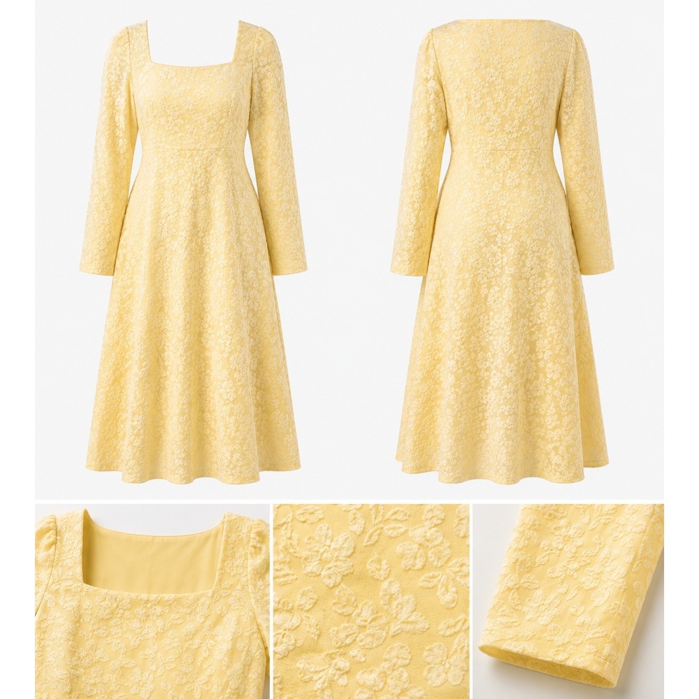 Daffodil Yellow Floral Jacquard Midi Dress 2X Cottagecore Romantic Square Neck
